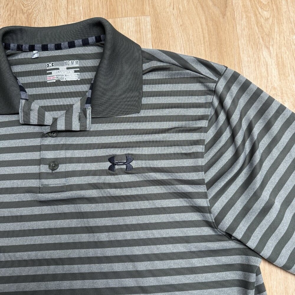 UNDER ARMOUR POLO SHIRT GREEN STRIPED MENS M LOOSE FIT BUSINESS CASUAL GOLF - Picture 3 of 7